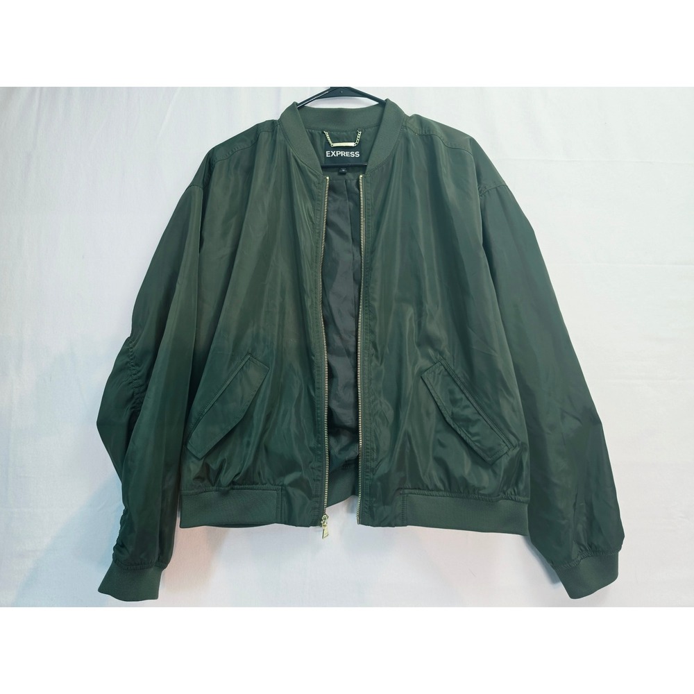 Express Olive Green Ruched Back Bomber Jacket Women Medium Full Zip Lightweight